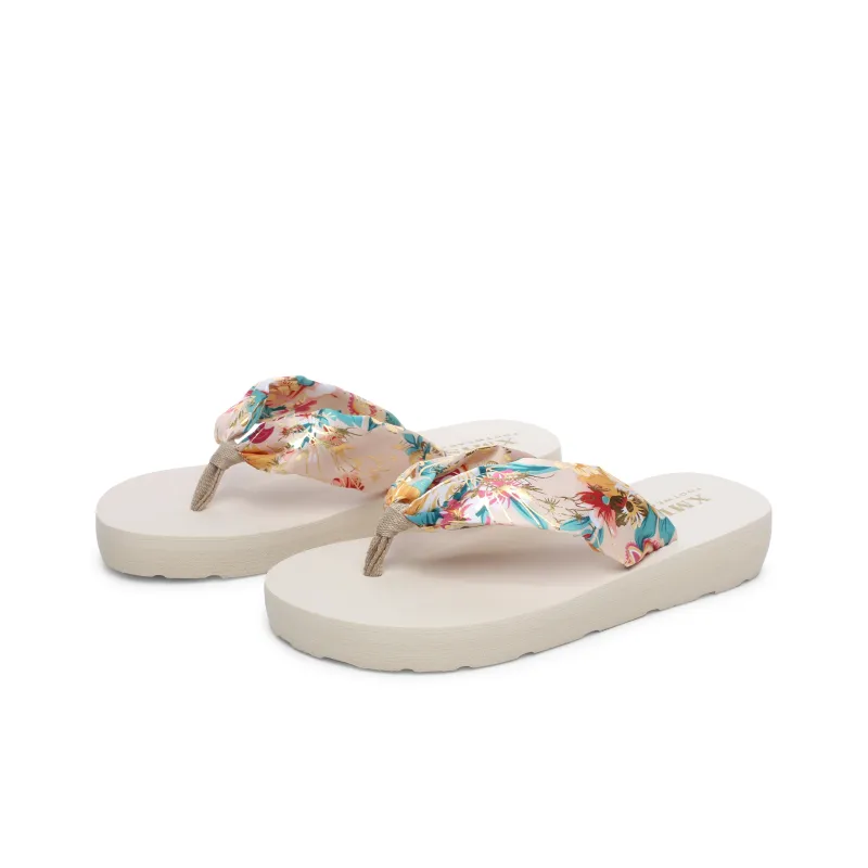 XMISTUO Bohemian Gold Satin Wedge Heel Sandal With Adjustable Strap Flip Flops Women's-15