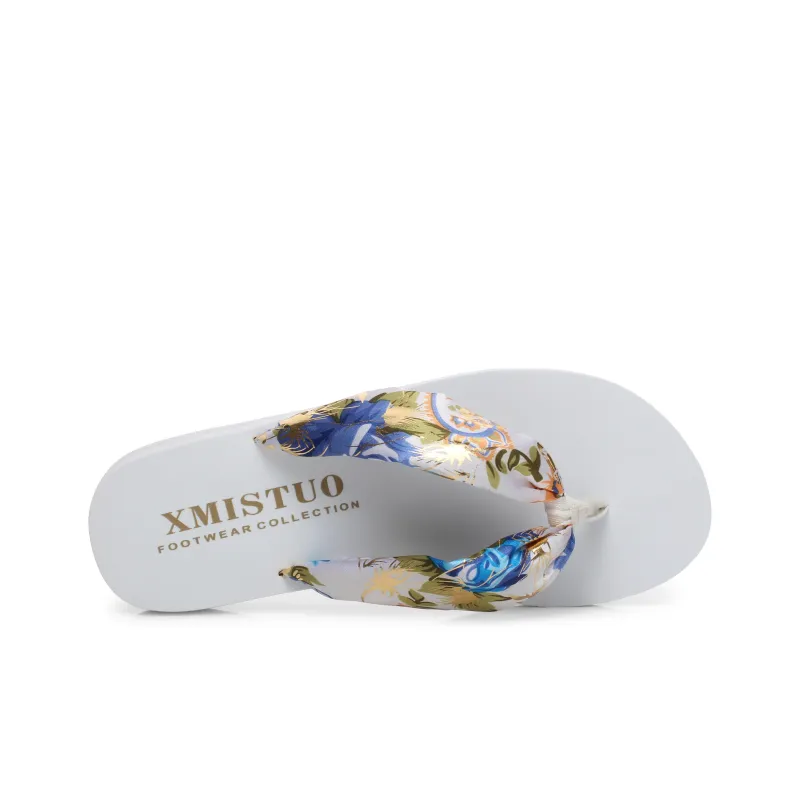 XMISTUO Bohemian Gold Satin Wedge Heel Sandal With Adjustable Strap Flip Flops Women's-7