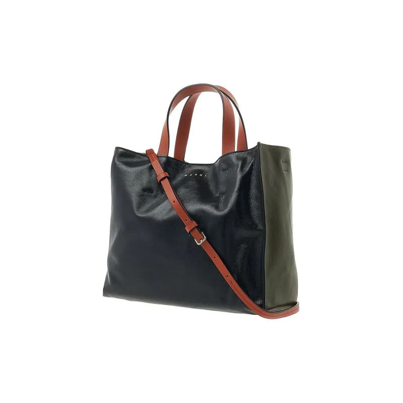 MARNI Calfskin Tote Bag, Shopping Bag, Shoulder Bag, Handbag Regular Women's Black/Orange-3