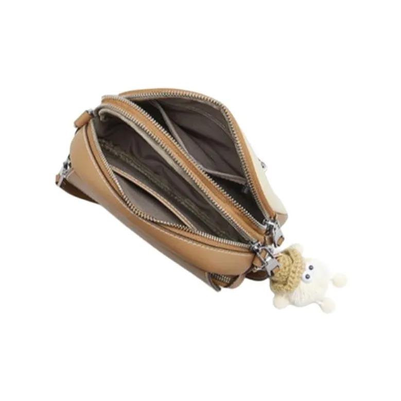 CNOLES Cow Leather Saddle Bag, Crossbody Bag, Shoulder Bag Trumpets Women's Apricot/Chocolate-2