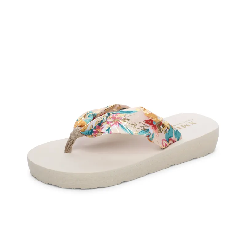 XMISTUO Bohemian Gold Satin Wedge Heel Sandal With Adjustable Strap Flip Flops Women's-13