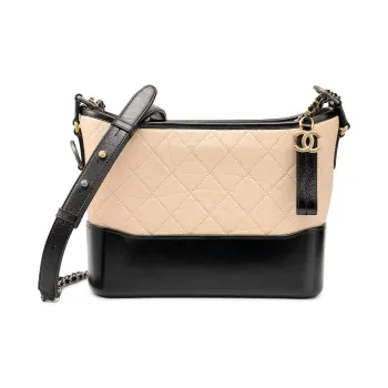 CHANEL Gabrielle Calfskin Hobo Bag Handbag Shoulder Bag Crossbody Bag Medium Size Women's Beige & Black