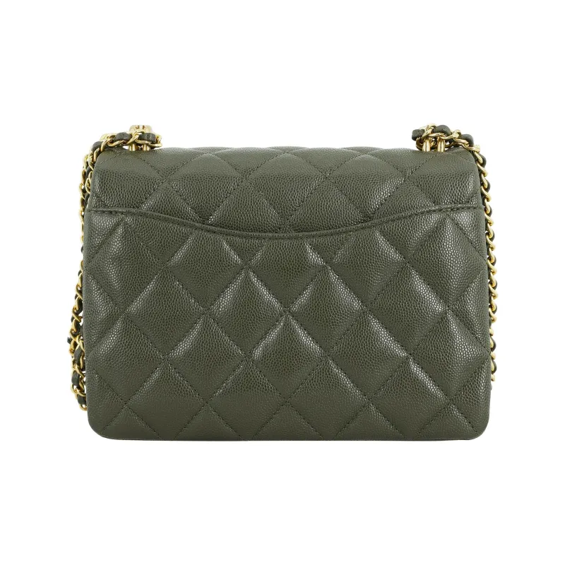 CHANEL Litchi Cow Leather Square Chubby Envelope Bag Shoulder Bag Crossbody Bag Small Size Women's Olive Green-2