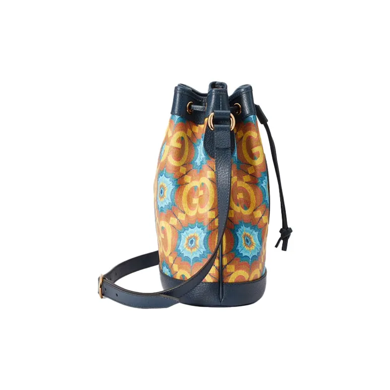 GUCCI Ophidia Leather Canvas Bucket Bags Shoulder Bag Crossbody Bag Mini Unisex Orange & Dark Blue-4