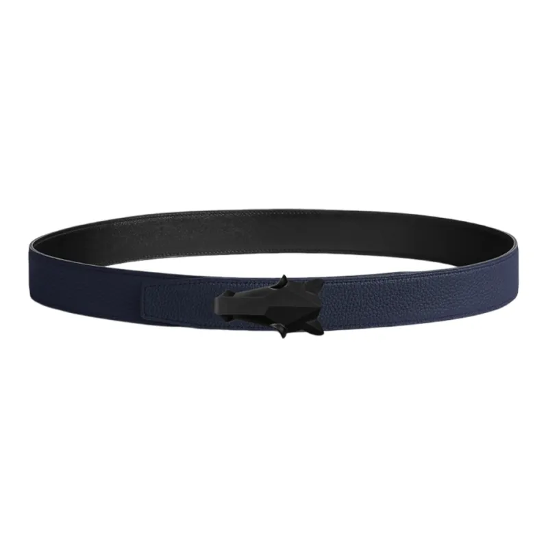 HERMES Horsehead Buckle, Smooth Buckle Leather Belts Men's Black/Blue Width 3.2cm-1