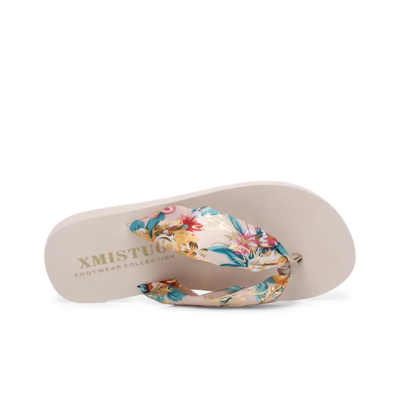 XMISTUO Bohemian Gold Satin Wedge Heel Sandal With Adjustable Strap Flip Flops Women's-12