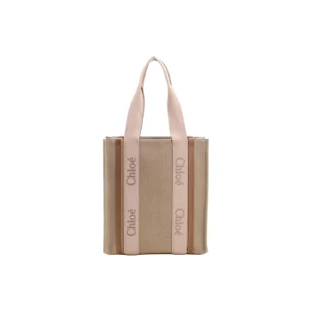 Chloe Woody Linen Canvas With Calfskin Canvas Bag Tote Bag Shopping Bag Handbag Women's Beige
