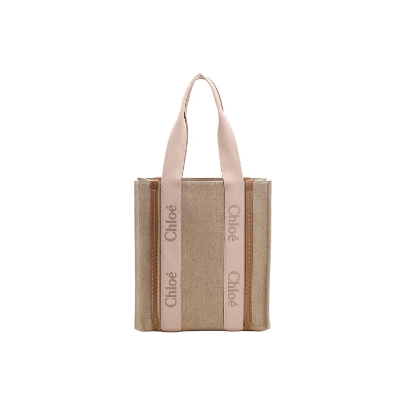 Chloe Woody Linen Canvas With Calfskin Canvas Bag Tote Bag Shopping Bag Handbag Women's Beige-0