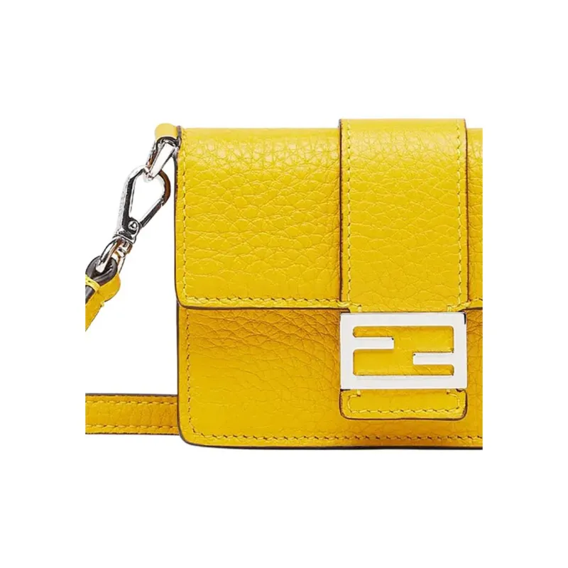 FENDI Baguette Calfskin Baguette Bag Clutch Necklace Pouch Shoulder Bag Men's Yellow-4