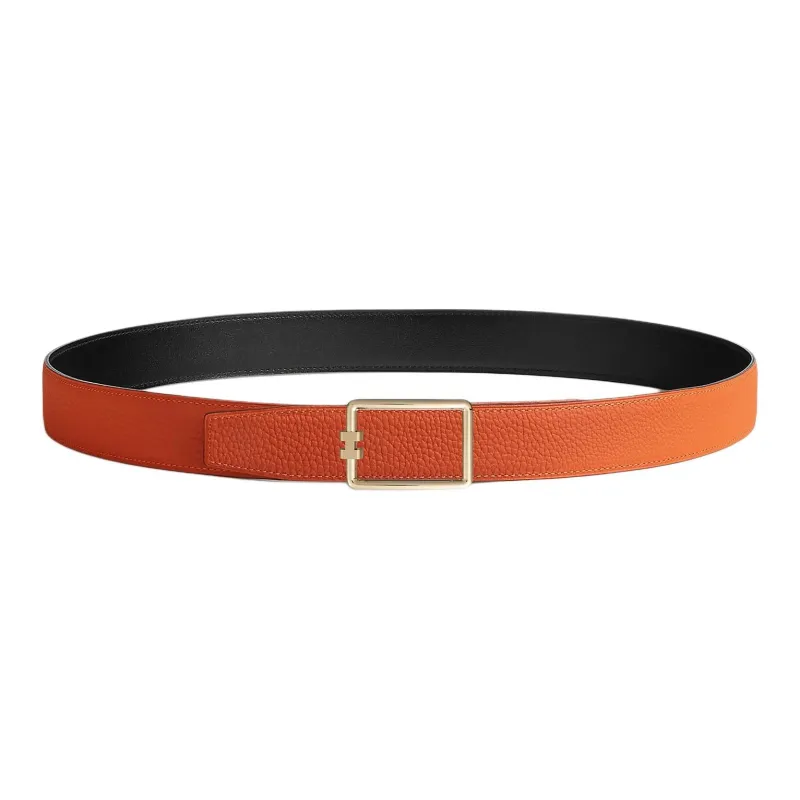 HERMES H Letter Decoration Smooth Buckle Leather Belts Unisex Orange Width  3.2CM-1