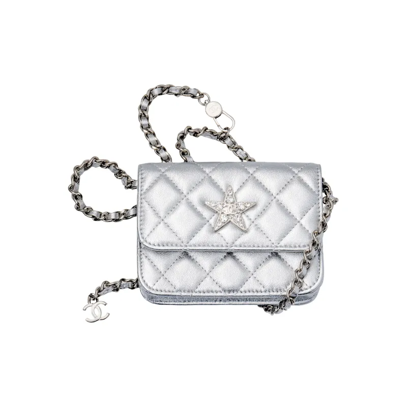 CHANEL Sheepskin Shoulder Bag, Crossbody Bag Women's Silver-0