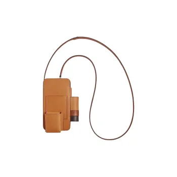 HERMES Pigskin Bonded Barenia Calfskin One Shoulder Crossbody Cell Phone Pouch Women's Tawny/Black Wood Color