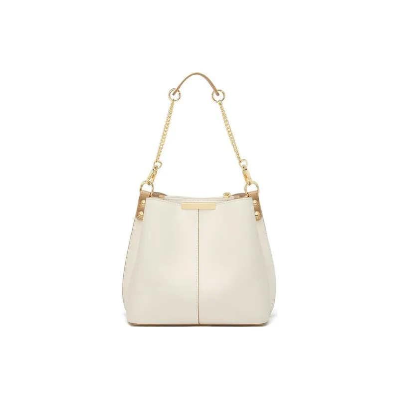 CNOLES Split Cow Leather Bucket Bag, Portable Crossbody Bag, Shoulder Bag Medium Size Women's Italian Milk Coffee-3
