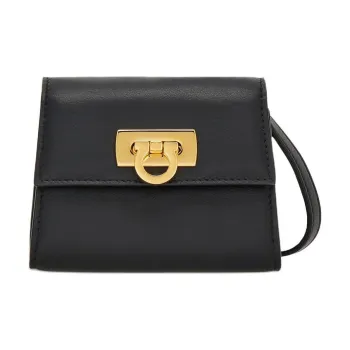 FERRAGAMO GANCINI Smooth Cow Leather One Shoulder Crossbody Card Holder Women's Black