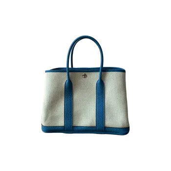 HERMES Garden Party Canvas With Leather Garden Bag Handbag Women's Beige & Blue