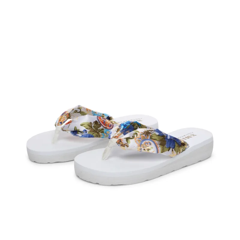 XMISTUO Bohemian Gold Satin Wedge Heel Sandal With Adjustable Strap Flip Flops Women's-8