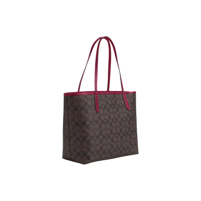 COACH City Leather Tote Bag, Shopping Bag, Shoulder Bag, Handbag Tubas Women's Silver & Brown & Bright Purple-2