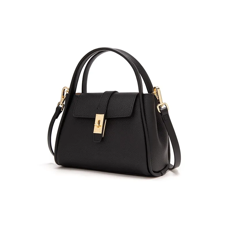 ELLE Top Grain Cow Leather Basket Bag, One Shoulder Handbag Small Size Women's Black/Khaki/Pink-6