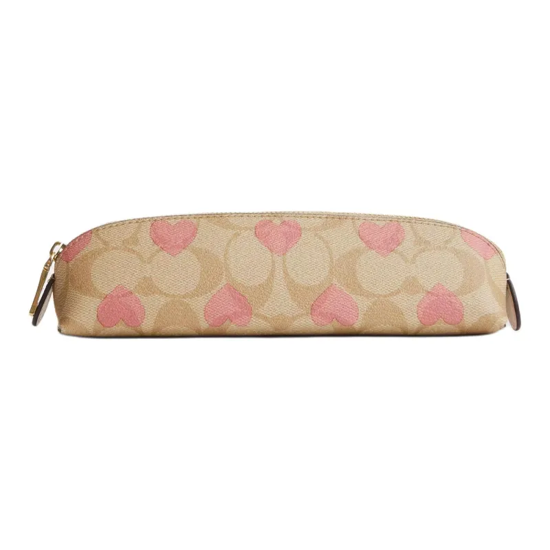 COACH Pencil Case Canvas With Leather Pencil Case Storage Bag Small Size Women's Gold & Light Khaki Pink-0