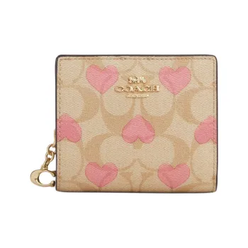 COACH Snap Wallet Iconic Coated Canvas With Smooth Leather Wallet Mini Women's Gold & Light Khaki & Chalk Multicolor