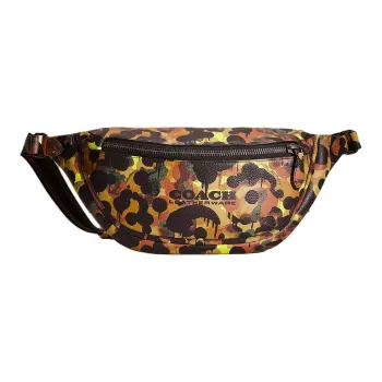 COACH League Polished Pebbled Leather Sling Bag Fanny Pack Large Size Unisex Black Copper & Neon & Yellow & Brown