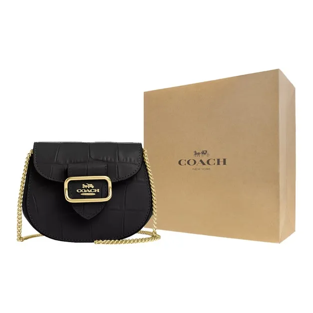 COACH Morgan Crocodile Embossed Leather Saddle Bag, One Shoulder Crossbody Card Holder Mini Women's Gold & Black-6