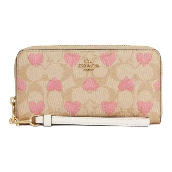 COACH Zip Around Canvas With Leather Wallet Small Size Women's Gold & Light Khaki Chalk Multicolor
