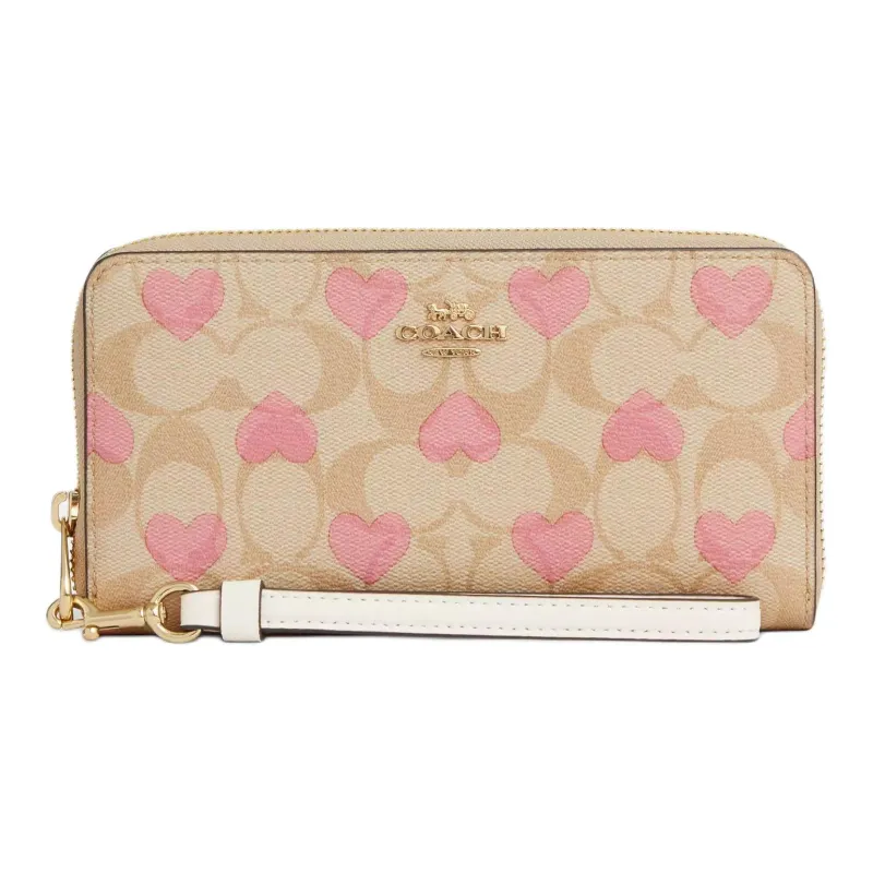 COACH Zip Around Canvas With Leather Wallet Small Size Women's Gold & Light Khaki Chalk Multicolor-0
