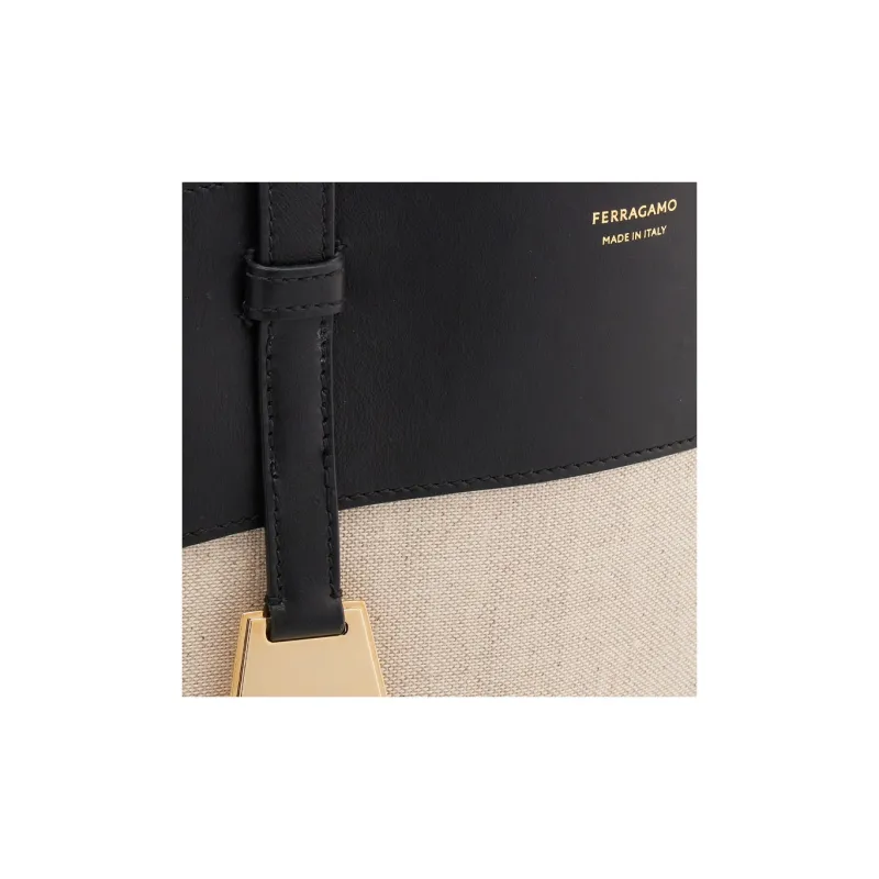FERRAGAMO Calfskin With Canvas Tote Bag, Shopping Bag, Shoulder Bag, Handbag Trumpets Women's Black & Nude-5