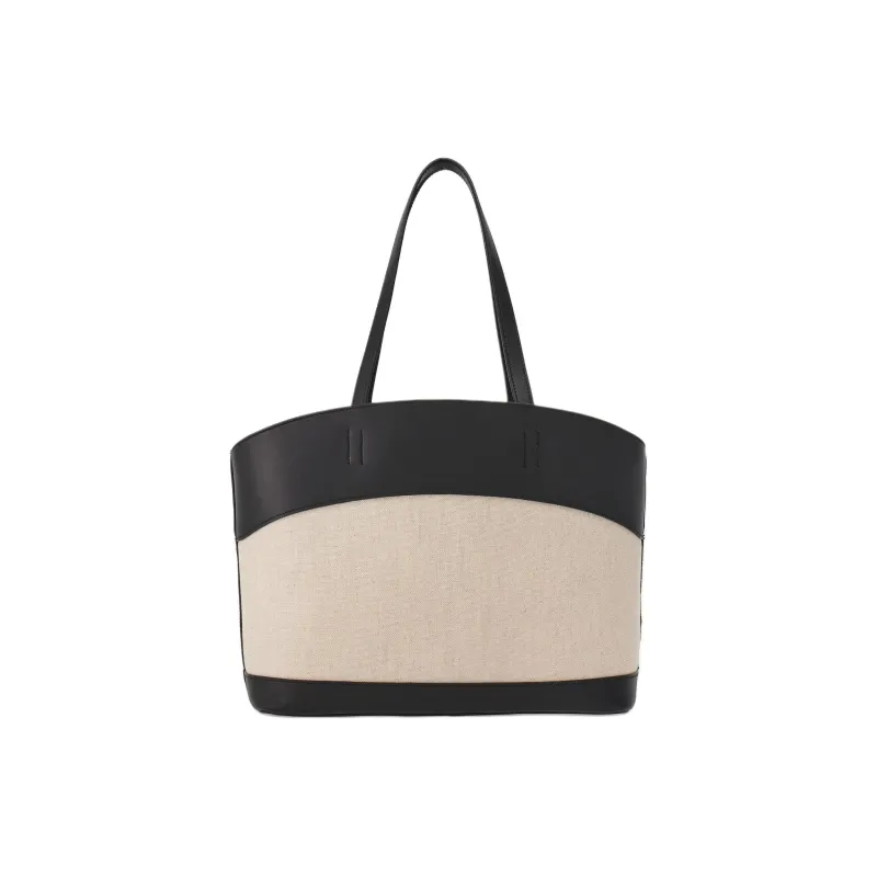 FERRAGAMO Calfskin With Canvas Tote Bag, Shopping Bag, Shoulder Bag, Handbag Trumpets Women's Black & Nude-3