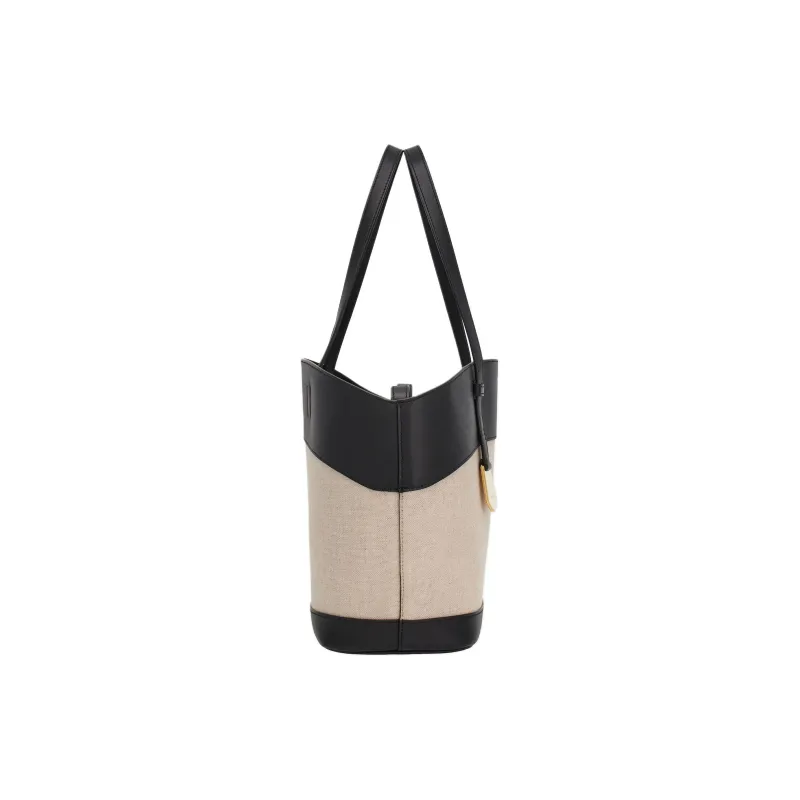 FERRAGAMO Calfskin With Canvas Tote Bag, Shopping Bag, Shoulder Bag, Handbag Trumpets Women's Black & Nude-2