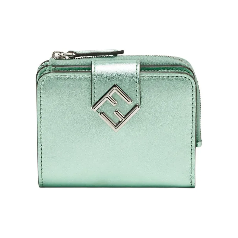 FENDI FF Diamonds Series Layered Leather Wallet Women's Light Green-0