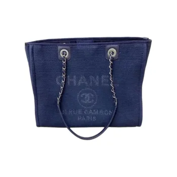 CHANEL Cotton With Canvas And Leather Tote Bag Shopping Bag Shoulder Bag Handbag Women's Blue