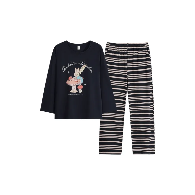Sha Qian Pajama Set Spring And Fall Season Women's Black-0