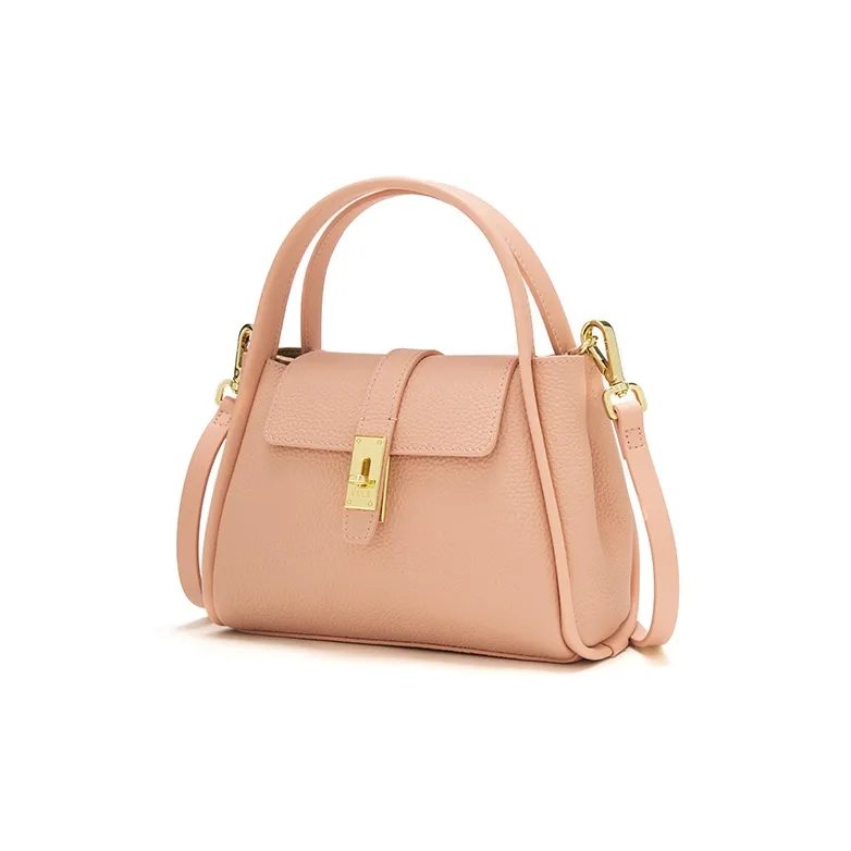 ELLE Top Grain Cow Leather Basket Bag, One Shoulder Handbag Small Size Women's Black/Khaki/Pink-11