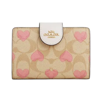 COACH Corner Zip Canvas With Leather Wallet Mini Women's Gold & Light Khaki & Chalk