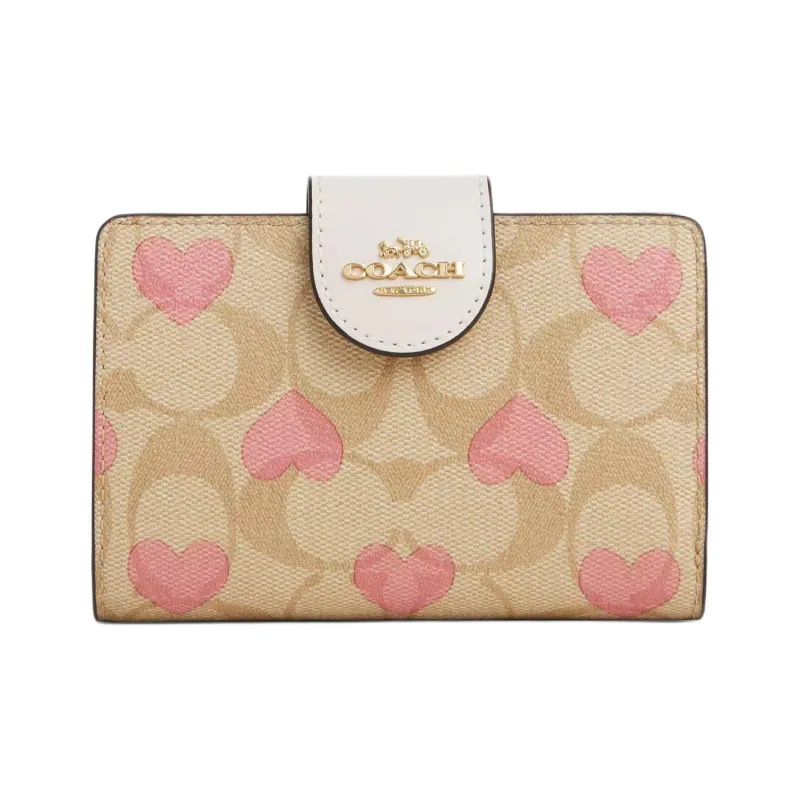 COACH Corner Zip Canvas With Leather Wallet Mini Women's Gold & Light Khaki & Chalk-0