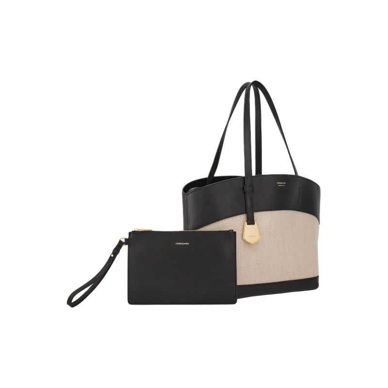 FERRAGAMO Calfskin With Canvas Tote Bag, Shopping Bag, Shoulder Bag, Handbag Trumpets Women's Black & Nude-1