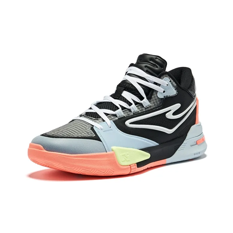 Erke Qibian Qi-Wuwei Cushioned Wear-Resistant Slip-Resistant High-Top Basketball Shoes Men's Jet Black Ork White-2