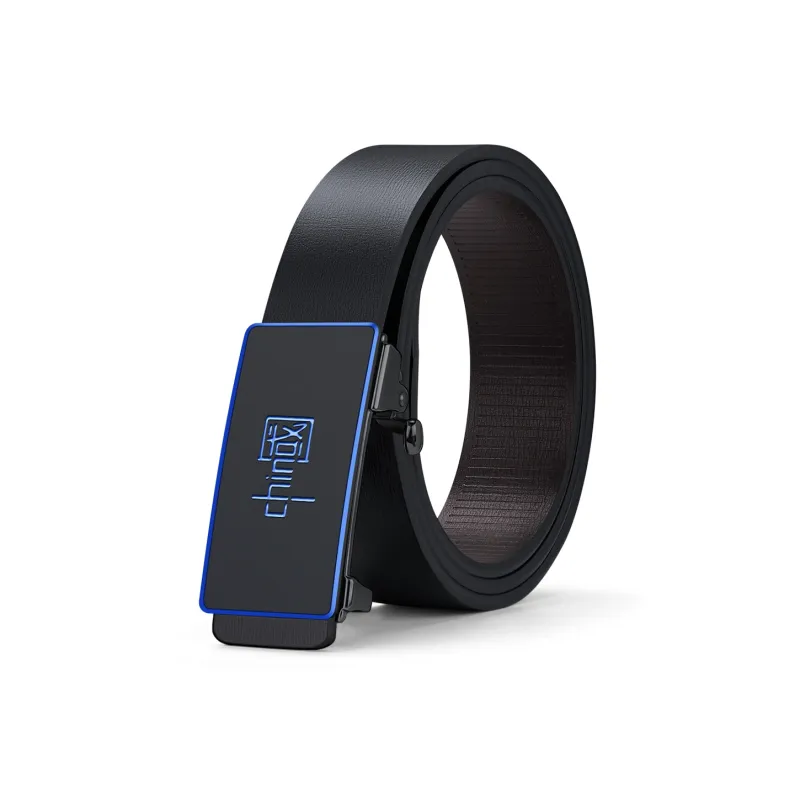 WilliamPOLO Cow Leather Leather Belts Men's Gunmetal Buckle Blue Logo 3.4cm Wide-0