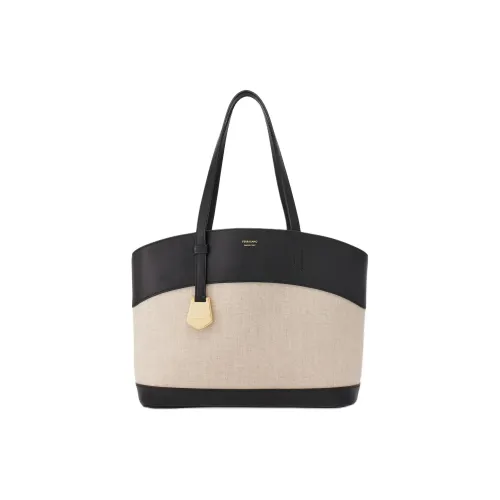FERRAGAMO Calfskin With Canvas Tote Bag Shopping Bag Shoulder Bag Handbag Small Size Women's Black & Nude