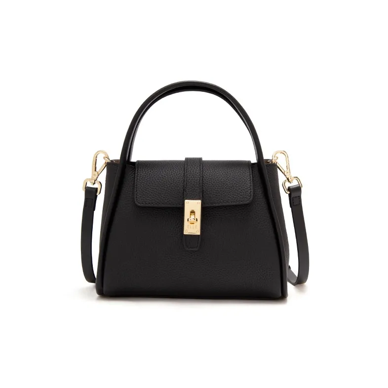 ELLE Top Grain Cow Leather Basket Bag, One Shoulder Handbag Small Size Women's Black/Khaki/Pink-5