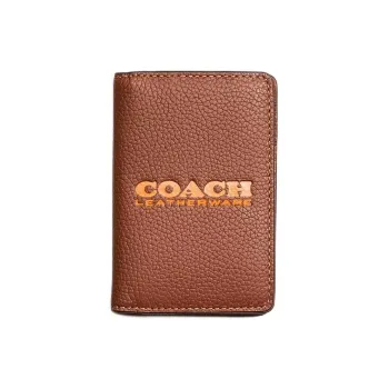 COACH Polished Pebble Leather Card Holder, Wallet Mini Women's Hidden Seat & Canyon