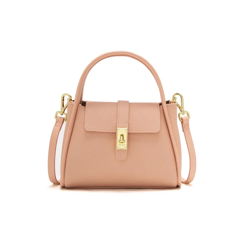 ELLE Top Grain Cow Leather Basket Bag, One Shoulder Handbag Small Size Women's Black/Khaki/Pink-10