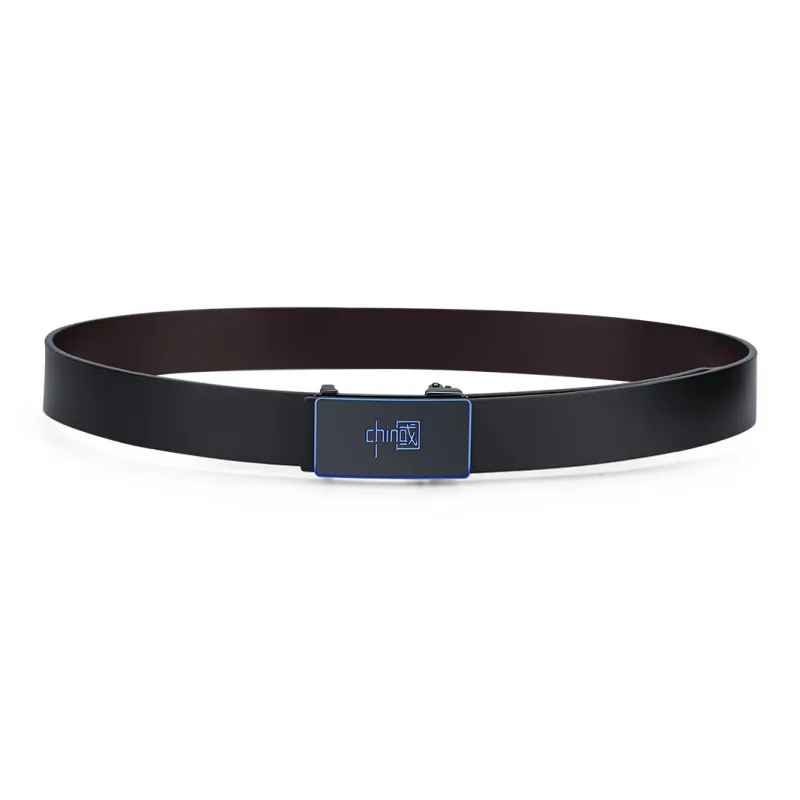 WilliamPOLO Cow Leather Leather Belts Men's Gunmetal Buckle Blue Logo 3.4cm Wide-1