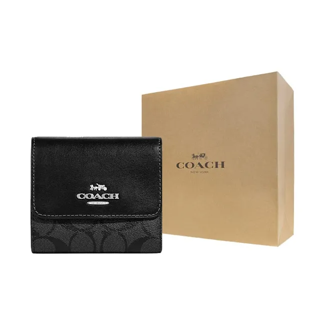 COACH Trifold Wallet Signature Coated Canvas With Smooth Leather Card Holder Wallet Small Size Men's Black-5