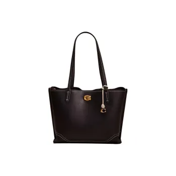 COACH Willow Polished Pebble Leather Tote Bag, Shopping Bag, Shoulder Bag, Handbag Large Size Women's Black