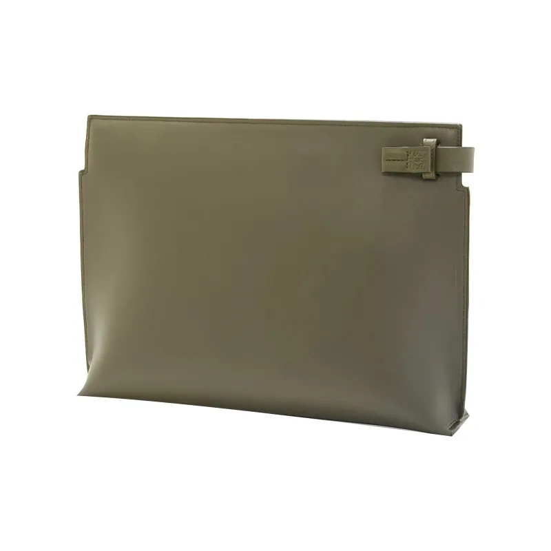 LOEWE T Pouch Bag Cow Leather Clutch Small Size Women's Khaki Green-1