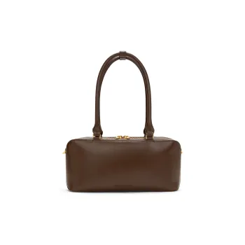 CHARLES&KEITH PU Synthetic Leather Shoulder Bag, Portable Small Square Bag Medium Size Women's Dark Brown/Oat