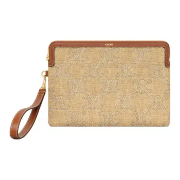 CELINE Triomphe Fabric With Calfskin Clutch Small Size Women's Natural & Silver